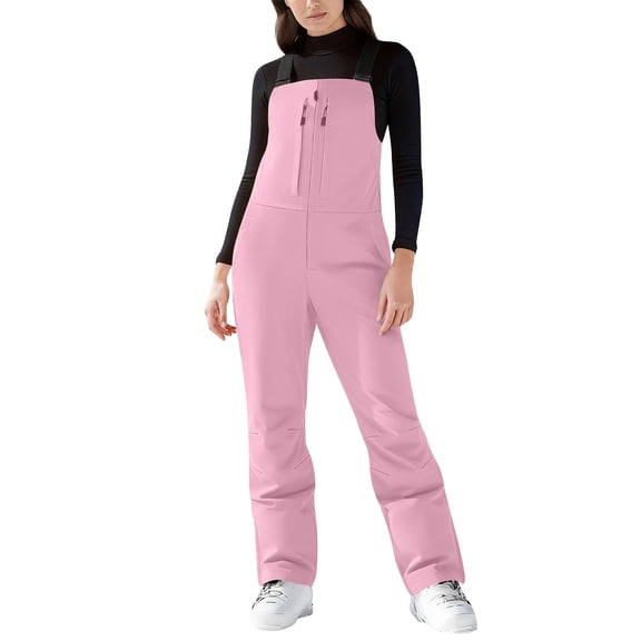 Women's Bib Snow Pants Windproof Waterproof Hiking Insulated Romper Snowpants Overalls with Pockets for Skiing Pink 2XL