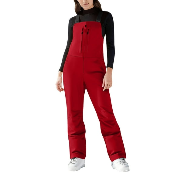 Women's Bib Snow Pants Windproof Waterproof Hiking Insulated Romper Snowpants Overalls with Pockets for Skiing Red M