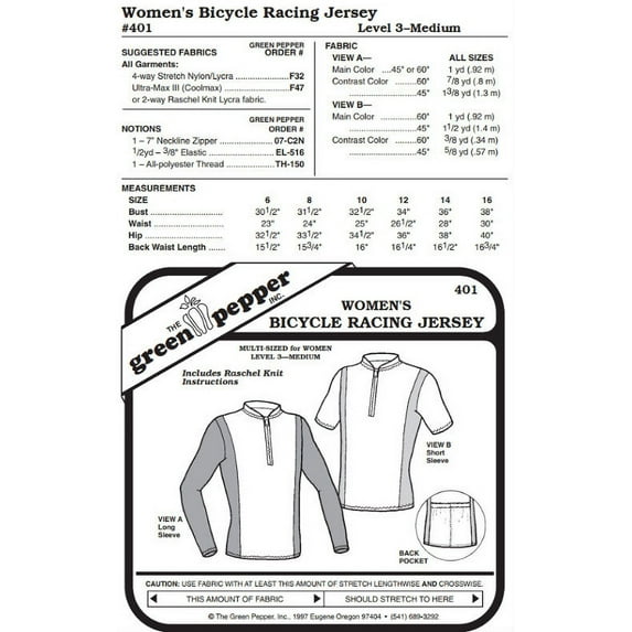 Women's Bicycle Racing Jersey Shirt #401 Sewing Pattern (Pattern Only)