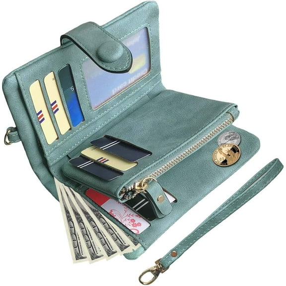 Women's Bifold Leather Wallet Card Holder RFID Blocking Ladies Multi-pocket Wristlet Wallet Coin Purse