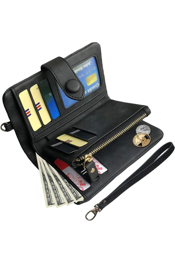 Women's Bifold Leather Wallet Card Holder RFID Blocking Ladies Multi-pocket Wristlet Wallet Coin Purse