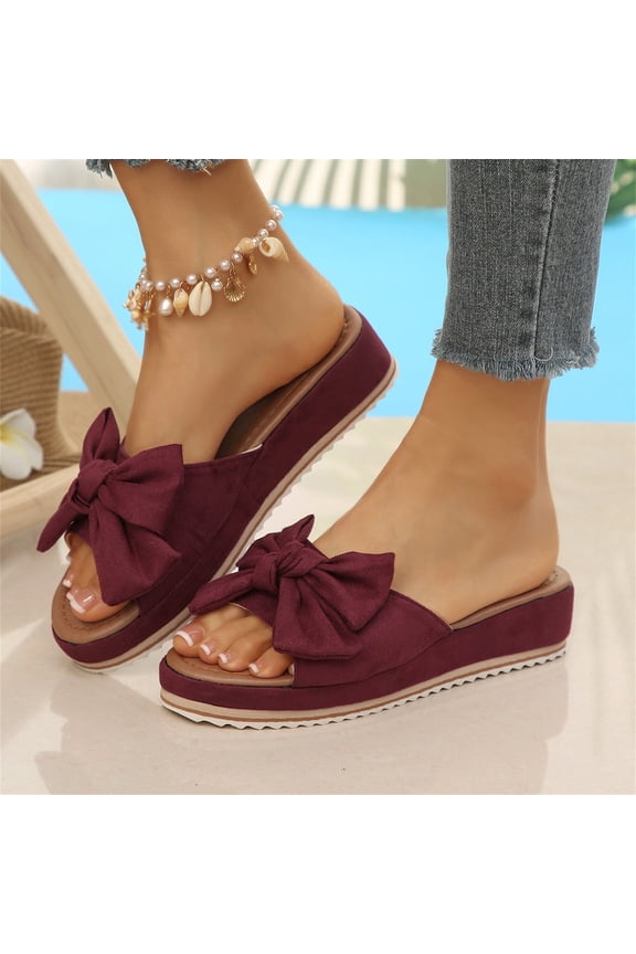 Women's Big Bow Decor Platform Wedge Slide Sandals, Slip‑on Open‑toe Non‑slip Suede Summer Casual Walking Shoes Wine 35