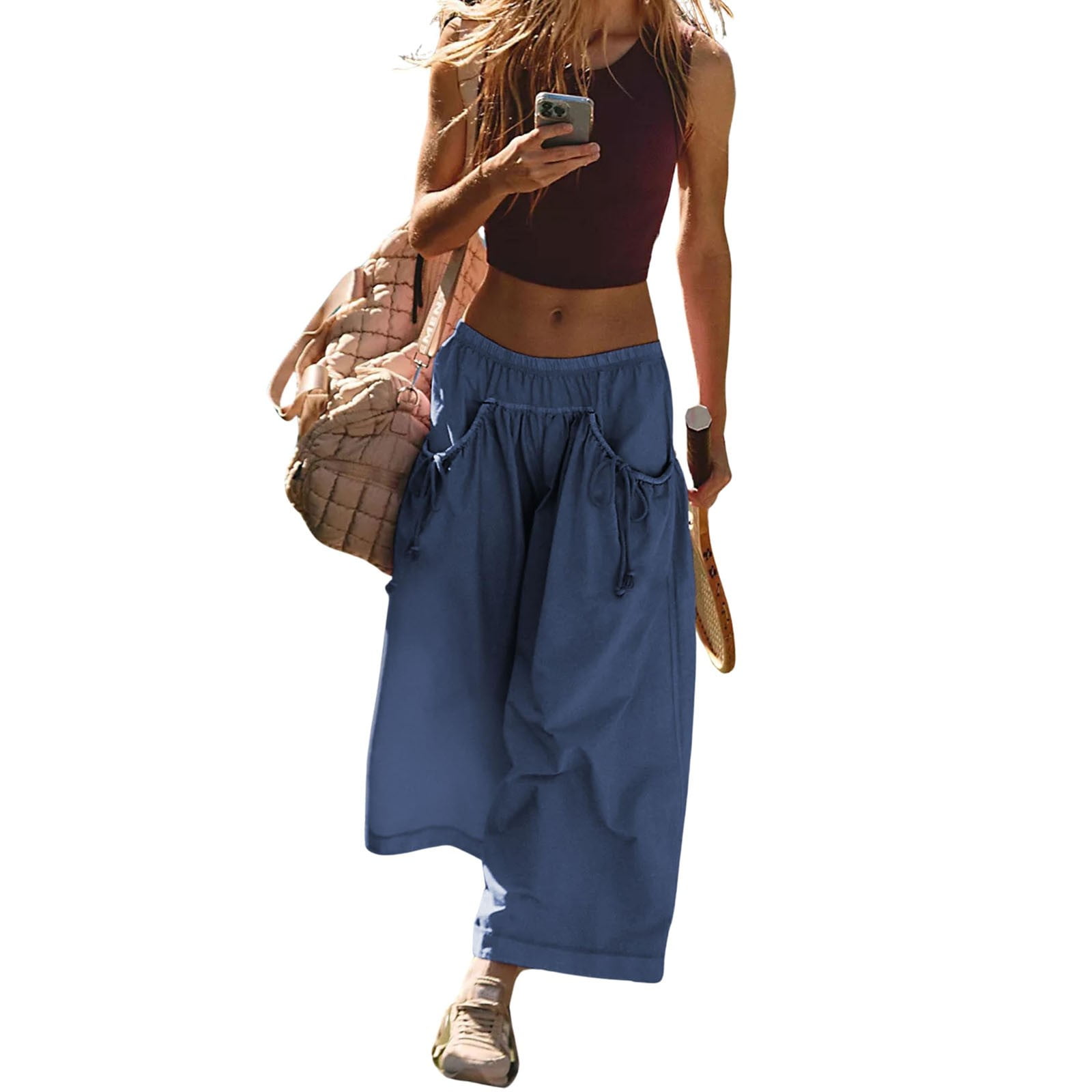 パンツ HANDCRAFTED MODERN big pocket culottes Women's Lounge Wide Leg Pants, Elastic Waist Drawstring Cropped