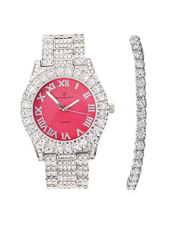 Women's Big Rocks Bezel Colored Dial with Roman Numerals Fully Iced Out Watch and Matching Beautiful Sparkling Tennis Bracelet Set - ST10327LA (TLA Silver - Coral)