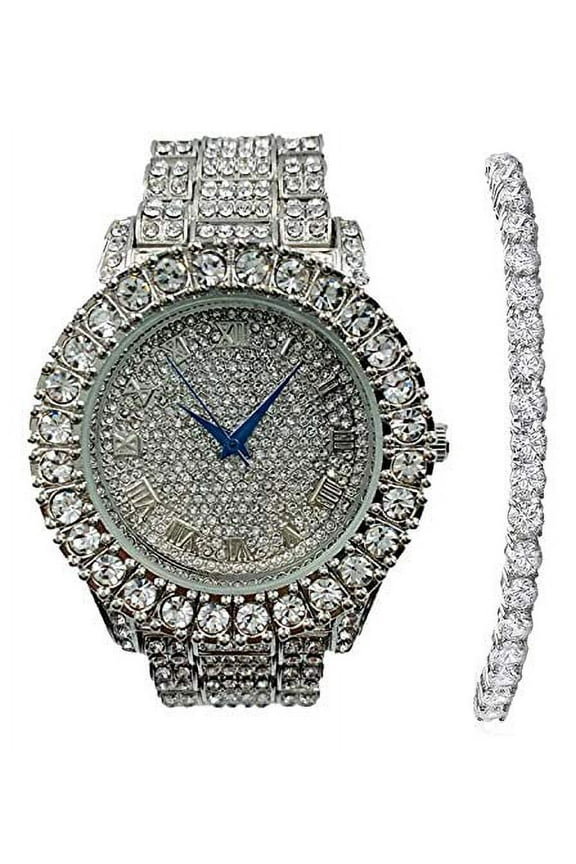 Women's Big Rocks Bezel Colored Dial with Roman Numerals Fully Iced Out Watch and Matching Beautiful Sparkling Tennis Bracelet Set - ST10327LARNTN (Silver)