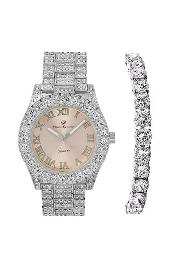 Women's Big Rocks Bezel Colored Dial with Roman Numerals Fully Iced Out Watch w/Matching Bling'ed Out Tennis Bracelet - ST10327LA (TLA Silver - Blush)