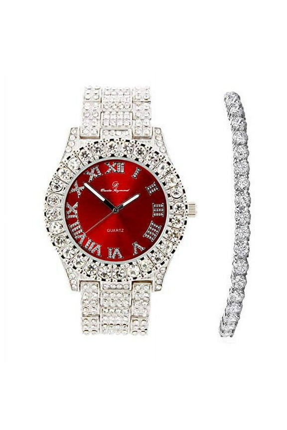 Women's Big Rocks Bezel Colored Dial with Roman Numerals Fully Iced Out Watch and Matching Beautiful Sparkling Tennis Bracelet Set - ST10327LA (TLA Silver - Blood Red)