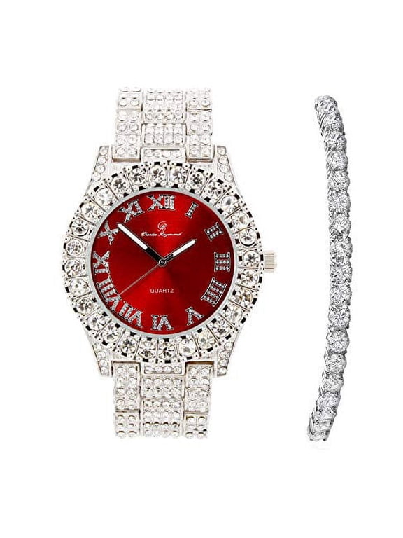 Women's Big Rocks Bezel Colored Dial with Roman Numerals Fully Iced Out Watch and Matching Beautiful Sparkling Tennis Bracelet Set - ST10327LA (TLA Silver - Blood Red)