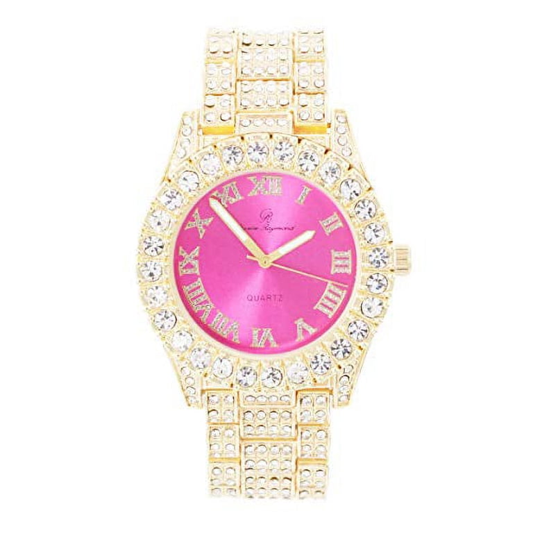 Women\'s Silver Hot Pink Big Rocks Bezel Colored Dial with Roman Numerals Watch Roma White Roman Numeral Dial Leather Watch for Women Golden  main image 3
