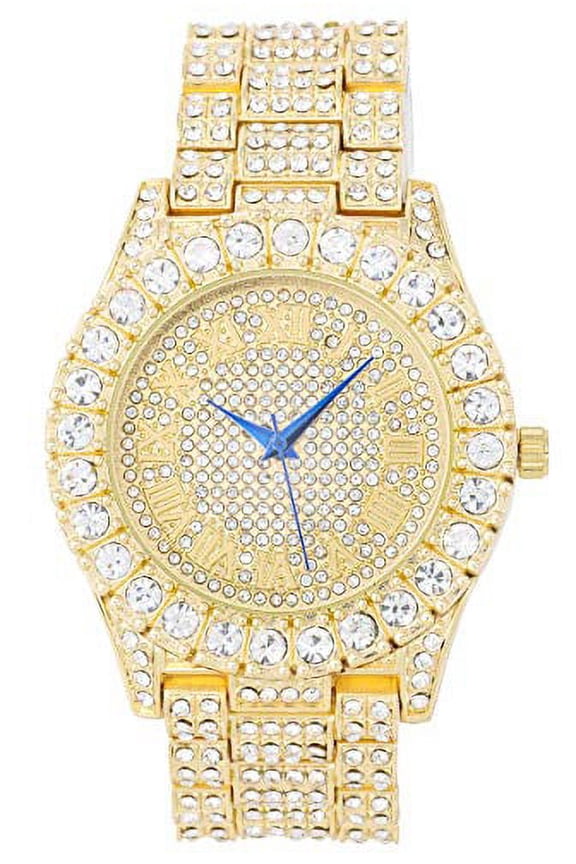 Women's Big Rocks Bezel Colored Dial with Roman Numerals Fully Iced Out Watch - ST10327LA (ST10327LARN Gold)