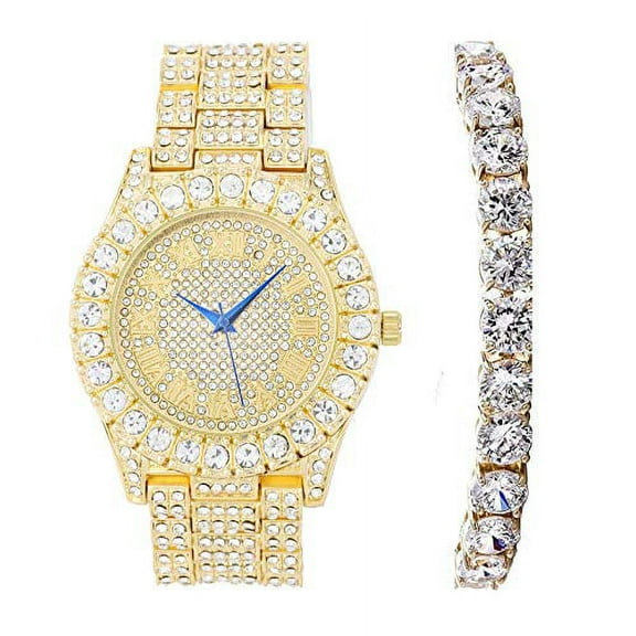 Women's Big Rocks Bezel Colored Dial with Roman Numerals Fully Iced Out Watch - ST10327LA (ST10327LARNTN Gold)