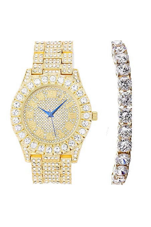 Women's Big Rocks Bezel Colored Dial with Roman Numerals Fully Iced Out Watch - ST10327LA (ST10327LARNTN Gold)
