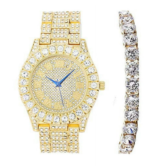 Women's Big Rocks Bezel Colored Dial with Roman Numerals Fully Iced Out Watch - ST10327LA (ST10327LARNTN Gold)
