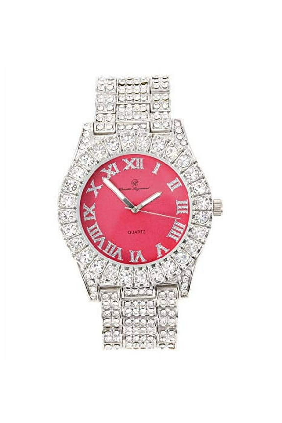 Women's Big Rocks Bezel Colored Dial with Roman Numerals Fully Iced Out Watch - ST10327LA (Silver - Coral)
