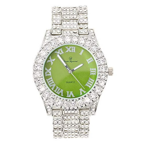 Women's Big Rocks Bezel Colored Dial with Roman Numerals Fully Iced Out Watch - ST10327LA (Silver - Lime)