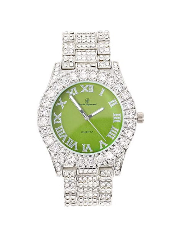 Women's Big Rocks Bezel Colored Dial with Roman Numerals Fully Iced Out Watch - ST10327LA (Silver - Lime)