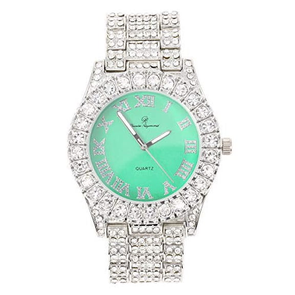 Women's Big Rocks Bezel Colored Dial with Roman Numerals Fully Iced Out Watch - ST10327LA (Silver - Mint)