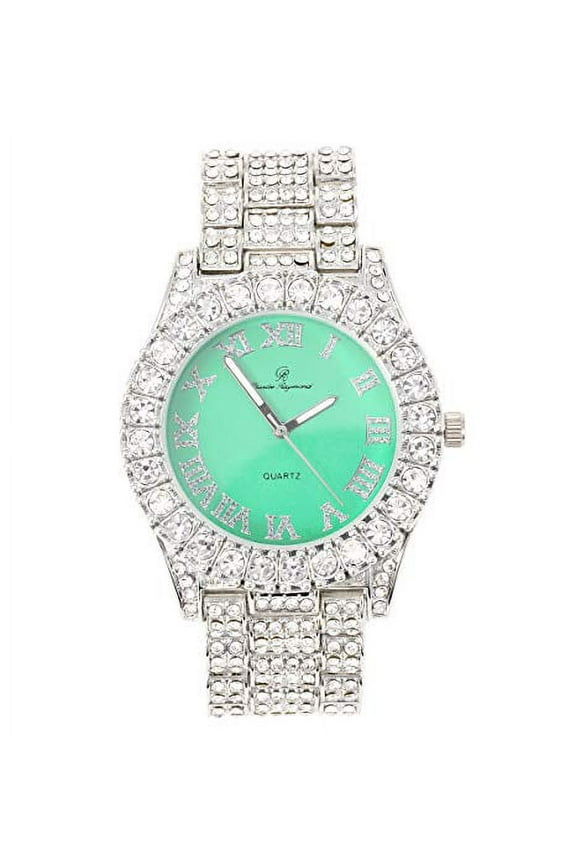 Women's Big Rocks Bezel Colored Dial with Roman Numerals Fully Iced Out Watch - ST10327LA (Silver - Mint)