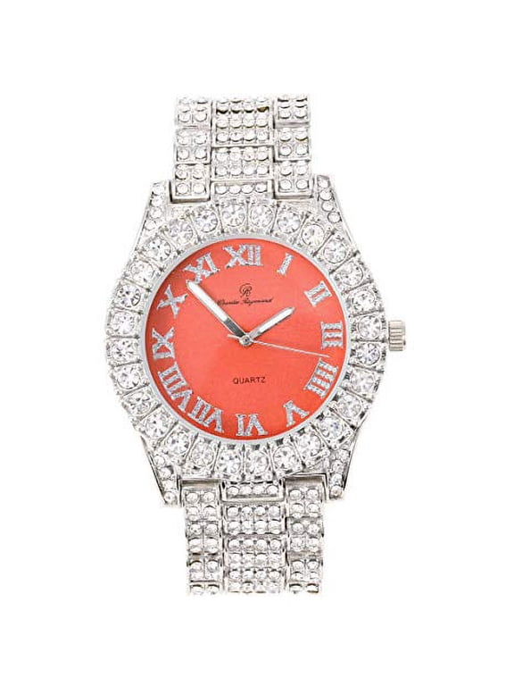 Women's Big Rocks Bezel Colored Dial with Roman Numerals Fully Iced Out Watch - ST10327LA (Silver - Peach)