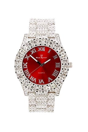 Women's Big Rocks Bezel Colored Dial with Roman Numerals Fully Iced Out Watch - ST10327LA (Silver-Red)