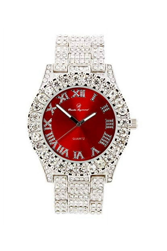 Women's Big Rocks Bezel Colored Dial with Roman Numerals Fully Iced Out Watch - ST10327LA (Silver-Red)