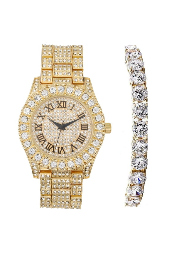 Women's Big Rocks Bezel Colored Dial with Roman Numerals Fully Iced Out Watch w/Matching Bling'ed Out Tennis Bracelet - ST10327LA (TLA Gold Black R#)