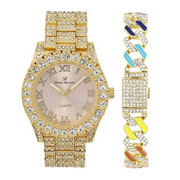 Women's Big Rocks Bezel Colored Dial with Roman Numerals Fully Iced Out Watch w/Rainbow Cuban Bracelet - ST10327LA (Rainbow Gold - Blush)