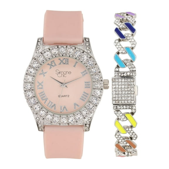 Women's Big Rocks Bezel Colored Dial with Roman Numerals Fully Iced Out Watch w/Rainbow Cuban Bracelet - ST10327LA (ST10357LA RnbwCuban SlvBlush)