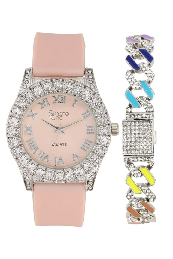Women's Big Rocks Bezel Colored Dial with Roman Numerals Fully Iced Out Watch w/Rainbow Cuban Bracelet - ST10327LA (ST10357LA RnbwCuban SlvBlush)