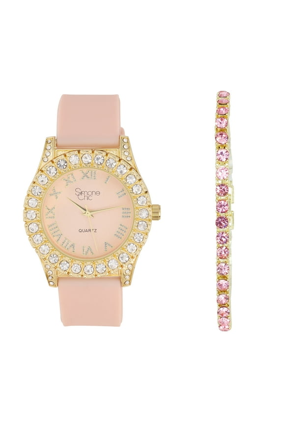 Women's Big Rocks Diamond Iced Out Crystals Bezel Colored Dial w/Easy Reader Roman Numerals Colorful Rubber Band Perfect Bling-ed Out Watch - ST10357LA (Gld Blush Pink -Pink Tennis)
