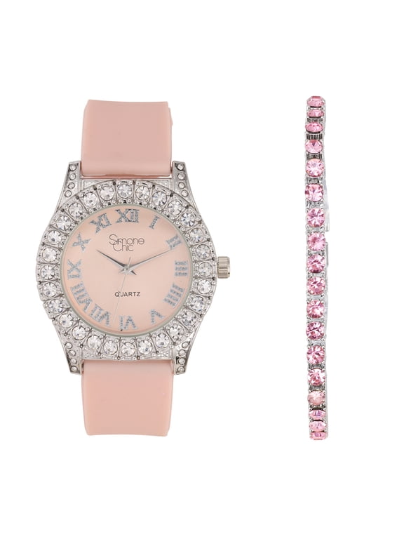 Women's Big Rocks Diamond Iced Out Crystals Bezel Colored Dial w/Easy Reader Roman Numerals Colorful Rubber Band Perfect Bling-ed Out Watch - ST10357LA (SLV Blush Pink -Pink Tennis)