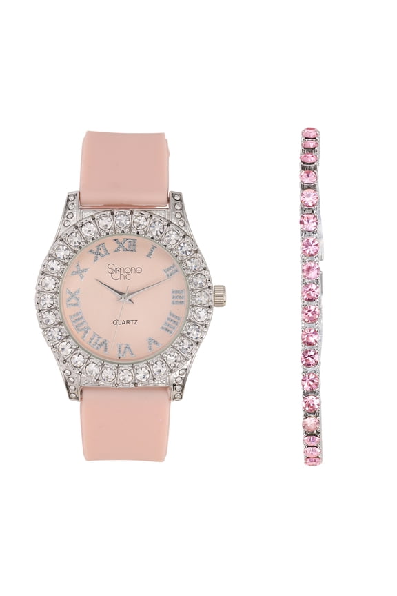 Women's Big Rocks Diamond Iced Out Crystals Bezel Colored Dial w/Easy Reader Roman Numerals Colorful Rubber Band Perfect Bling-ed Out Watch - ST10357LA (SLV Blush Pink -Pink Tennis)
