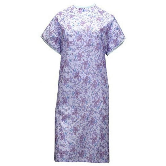 Women's Big Size Adaptive Poly/Cotton Backwrap Gown - 3XL - Light Blue with Red Flowers