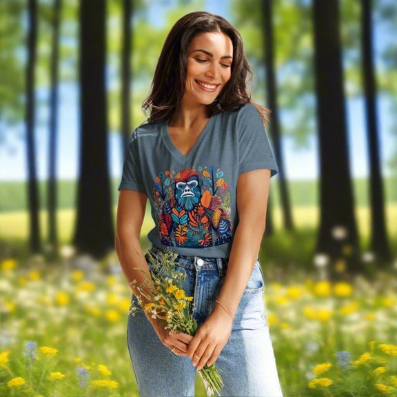 Fearless Harbor Bigfoot Camo Challenge V-Neck Relaxed Fit T-Shirt, Gray (Women's, M)