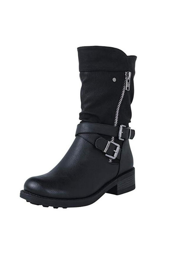 Women's Biker Boots Mid Calf Motorcycle Fashion Festival Boots Combat Riding Military Boots for Women Black 8.5