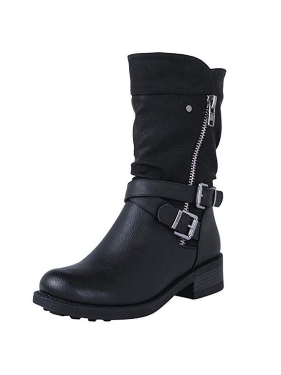 Women's Biker Boots Mid Calf Motorcycle Fashion Festival Boots Combat Riding Military Boots for Women Black 9.5