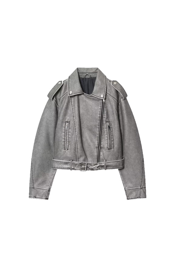 Women's Biker Jacket with Asymmetric Zipper, Shoulder Epaulets, Zipper Pockets, and Adjustable Waist Belt, Casual Long Sleeve Round Neck Coat