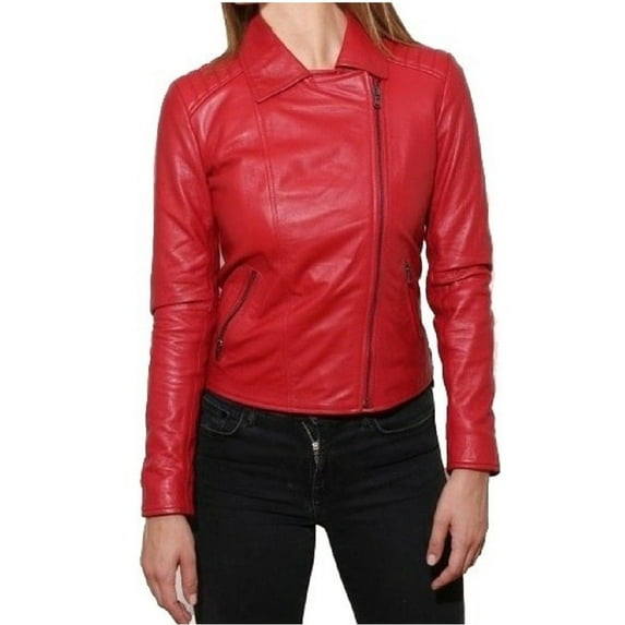 Women's Biker Padded Design Red Slim Fit Leather Jacket