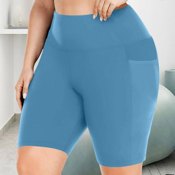 Women's Biker Shorts Women Plus Size Stretchy Yoga Short High Waisted Workout Biker Shorts with Bottom Pockets for Fitness Sports Blue XL