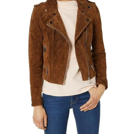 Women's Biker Style Zipper Dark Tan Suede Leather Jacket SouthBeachLeather