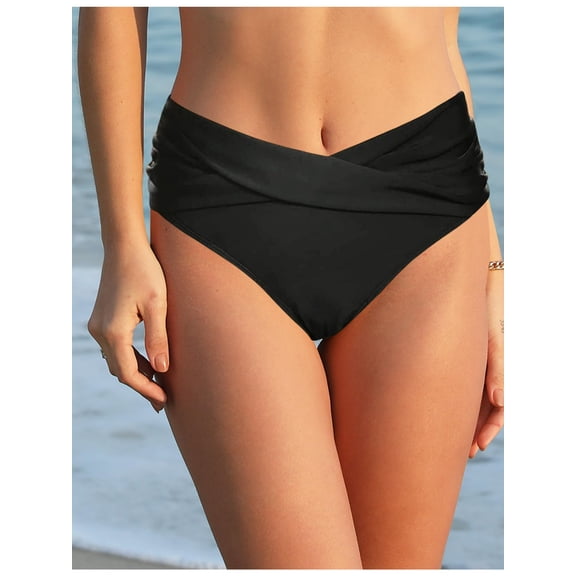 Women's Bikini Bottom, V Waist Crossover Twist Ruched Swim Bottom, Mid Rise Full Coverage Hipster Bathing Suit Bottom Only, UPF 30
