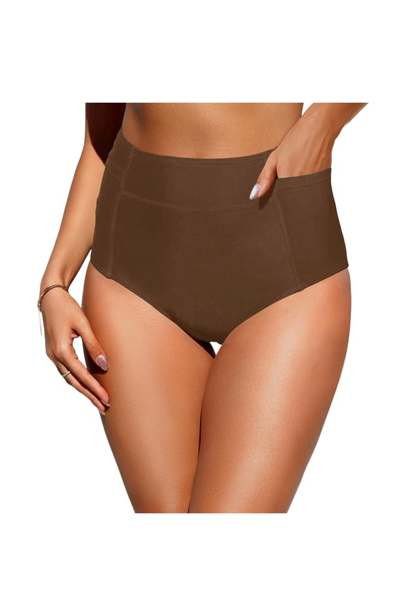 Women's Bikini Bottoms with Side Pocket,Practical Bikini Bottoms, Triangle Style with Small PocketPerfect for Storing Key or Cash While at Beach or Pool. Brown M