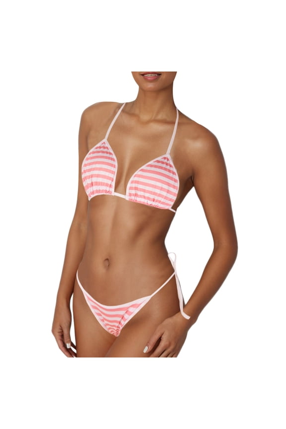 Women's Bikini Kawaii Cute Micro Bikini Set Striped Halter Top with String Bikini Bottom Two Piece Swimsuit Pink One Size
