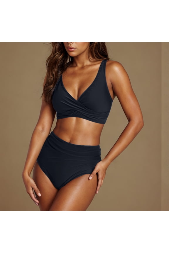 Women's Bikini Set 2 Piece Criss Cross Halter Pleated High Waist Bottoms Bathing Suit Slimming Modest Swimsuit (M, Black)