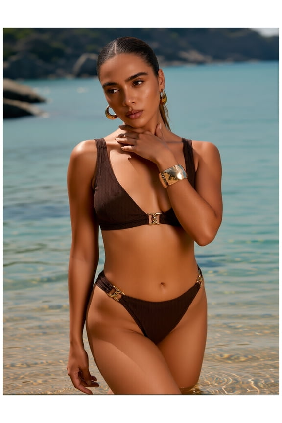Women's Bikini Set - 2 Piece Swimsuit Brown - Gold Hardware - Retro High Waisted Bathing Suit - Summer Beach Pool Swimwear for Women