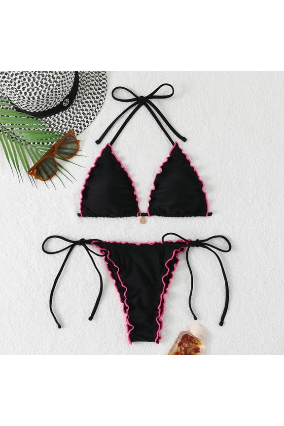 Women's Bikini Set 2 Piece Triangle Tie Side Beach Ruffle Trim Bikini Sets Halter Swimsuit Bathing Suit