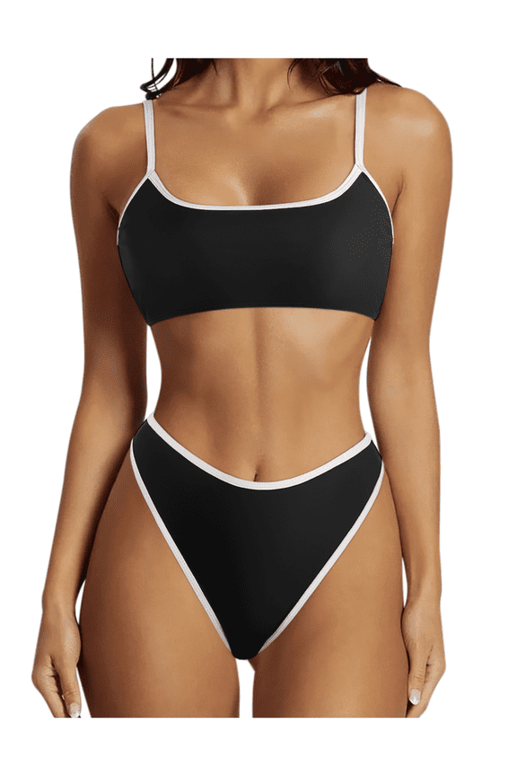Women's Bikini Set Black & White Contrast Trim - Square Neck High Waisted Swimsuit Two Piece Bathing Suit for Women Teen Girls