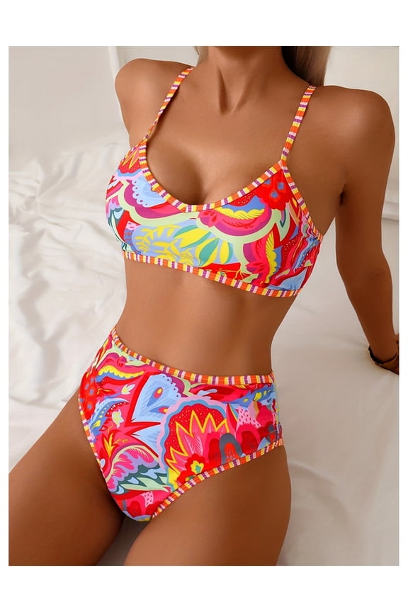 Women's Bikini Set Chic Sexy Print Slimming Two Piece Swimsuit for Beach Pool Vacation; Adjustable Straps, High Waist, Flattering Swimwear