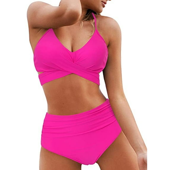 Women's Bikini Set-Criss Cross Bra+High Waist Brief,2 Pcs Sexy Bathing Suits Beachwear