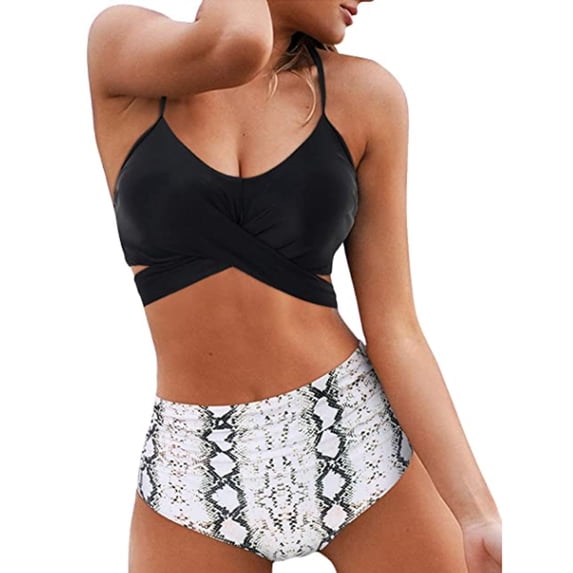 Women's Bikini Set-Criss Cross Bra+High Waist Brief,2 Pcs Sexy Bathing Suits Beachwear